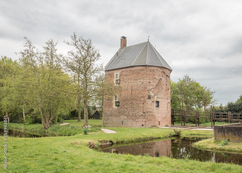 late 13th century Dutch castle with trees and river, against a cloudy sky