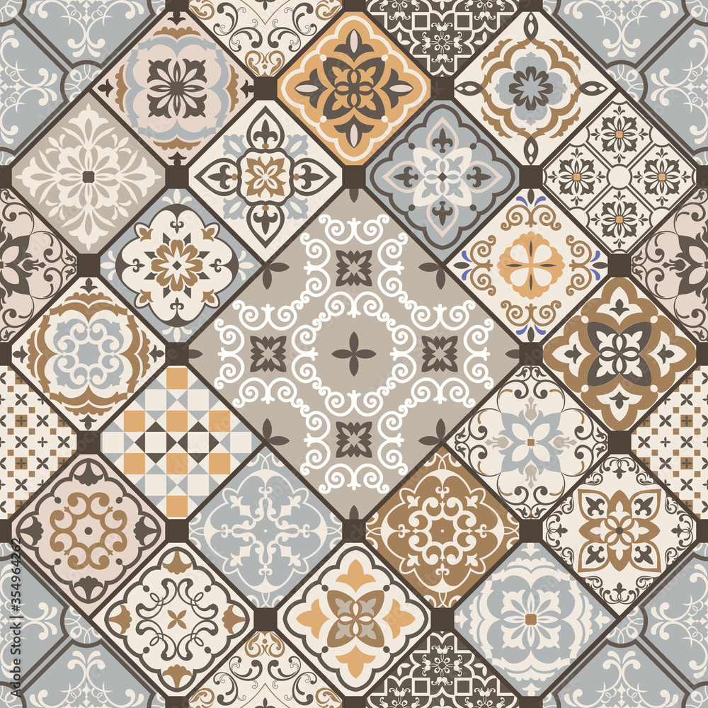 Seamless colorful patchwork. Hand drawn background. Azulejos tiles patchwork. Traditional ornate Portuguese and Spanish decorative tiles azulejos. Abstract background. Ceramic tiles. Vector