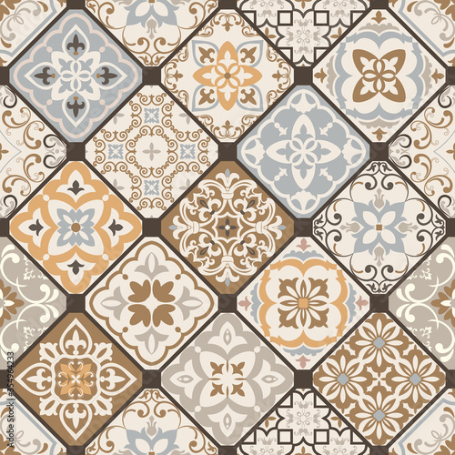 Seamless colorful patchwork. Hand drawn background. Azulejos tiles patchwork. Traditional ornate Portuguese and Spanish decorative tiles azulejos. Abstract background. Ceramic tiles. Vector