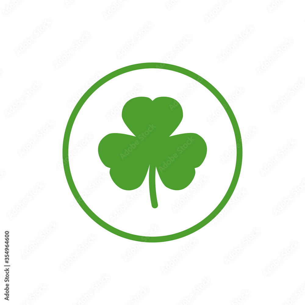 Green flat icon of irish clover in circle. Shamrock isolated on white. Vector illustration. Eco style. St Patrick Green flat icon of irish clover in circle. Shamrock isolated on white. Vector illustration. Eco style. St Patrick