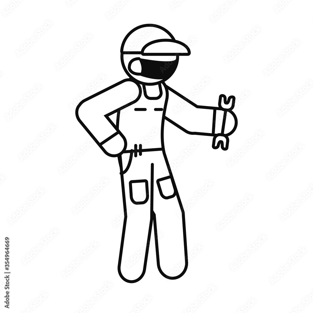 pictogram car mechanic with protective mask and holding a wrench, line style