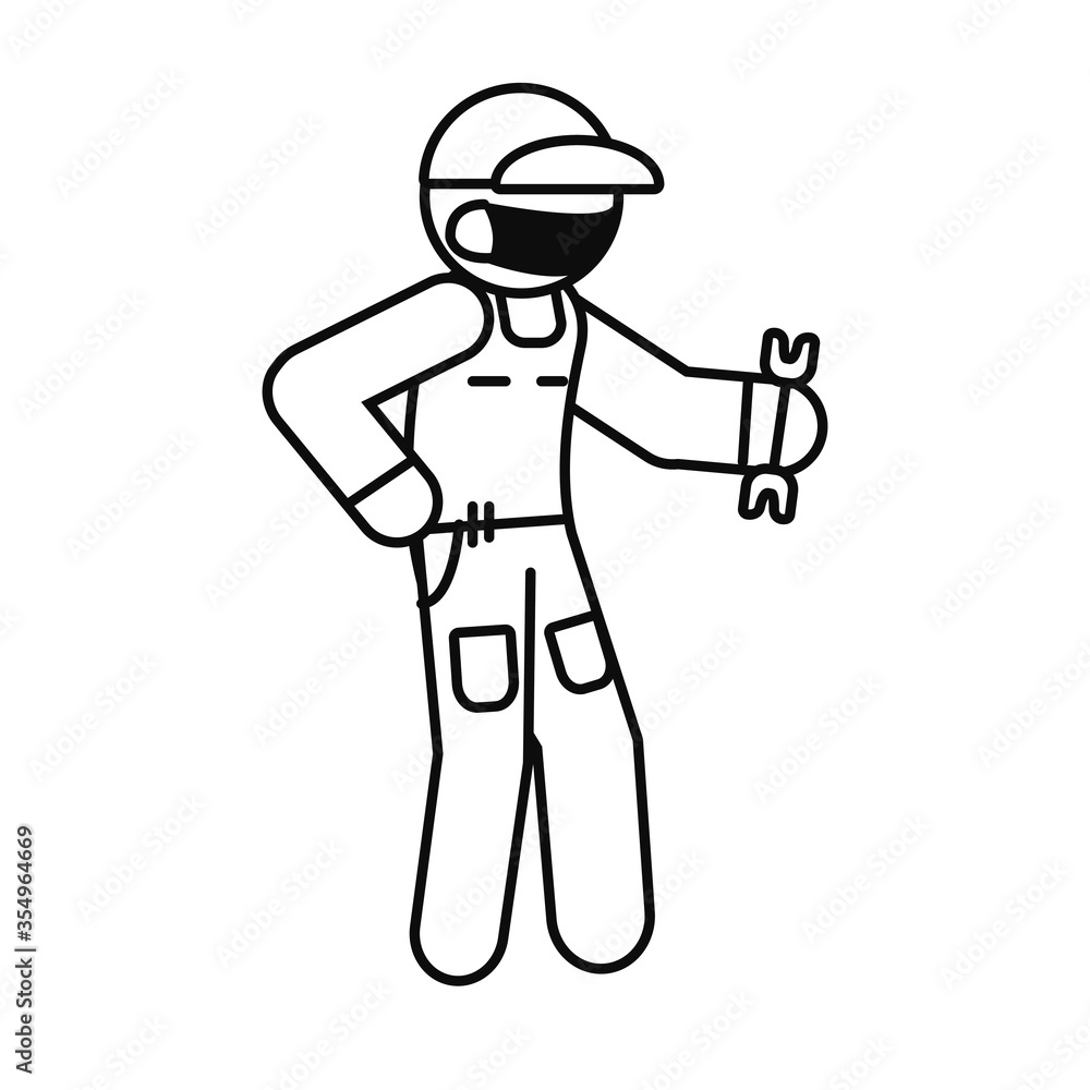 pictogram car mechanic with protective mask and holding a wrench, line style pictogram car mechanic with protective mask and holding a wrench, line style