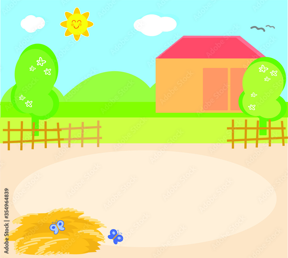Cartoon farm background with straw and butterflies, vector illustration
