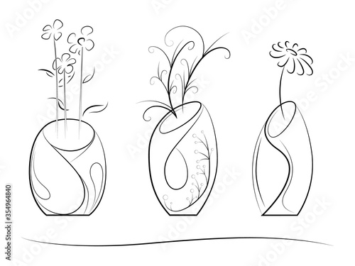 Set of hand-drawn stylized vases with flowers on a chalkboard. Isolated