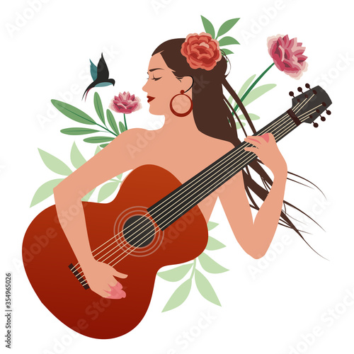 Beautiful girl playing guitar surrounded by birds, leaves and flowers
