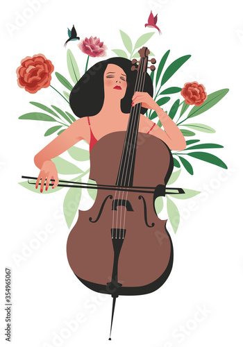 Beautiful girl playing the cello surrounded by birds, leaves and flowers