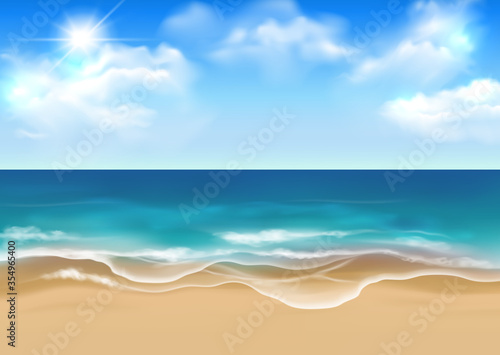 Vector realistic sunny beach landscape with blue sky and clouds