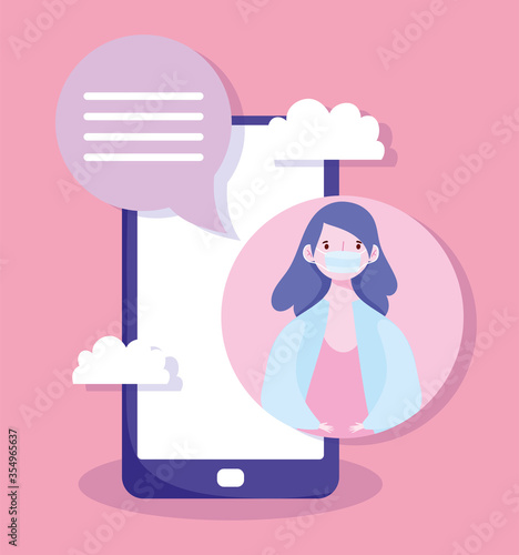 woman with medical mask speech bubble smartphone, prevention coronavirus covid 19