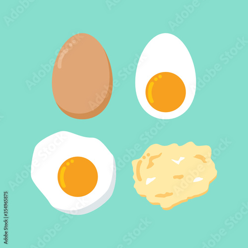 set of egg, raw, boiled, fried, scramble egg, egg menu