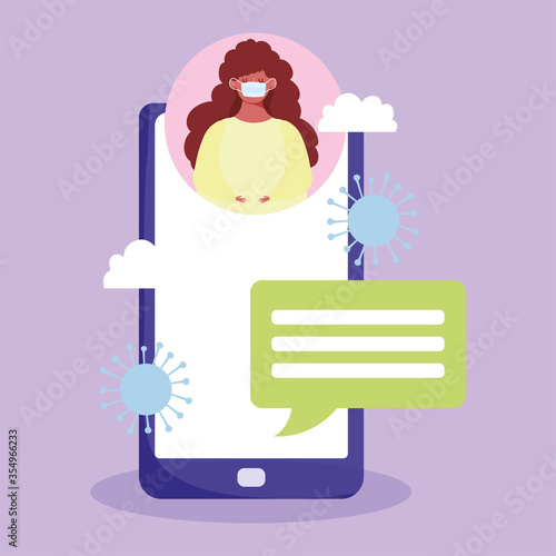 woman with medical mask speech bubble smartphone, prevention coronavirus covid 19