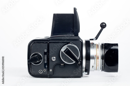 kuala lumpur, malaysia - 2nd June 2020. side view of hasselblad 500c/m medium format film camera isolated in white background photo