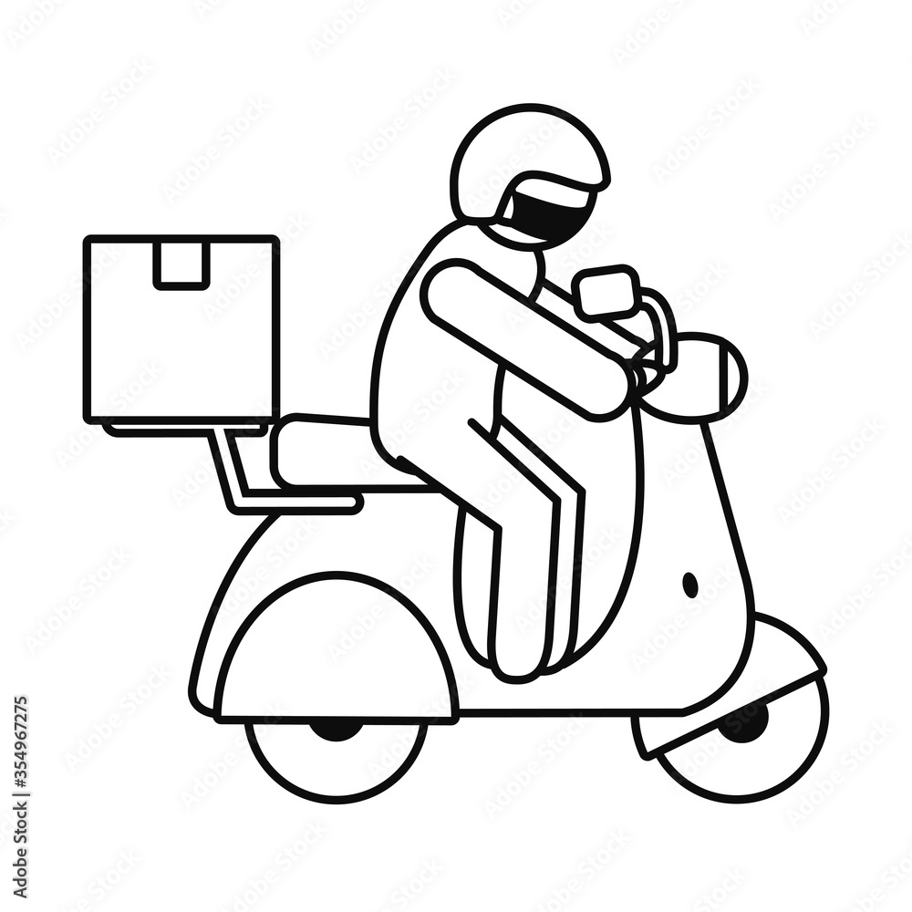 pictogram delivery man on a motorcycle wearing protective mask, line style