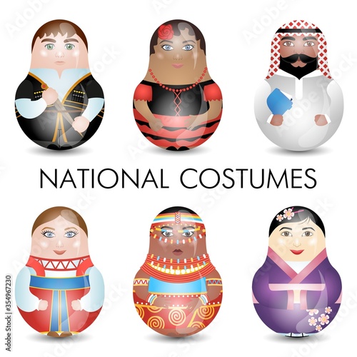 Modern kawaii dolls for your business project. Multiracial. National costumes. photo