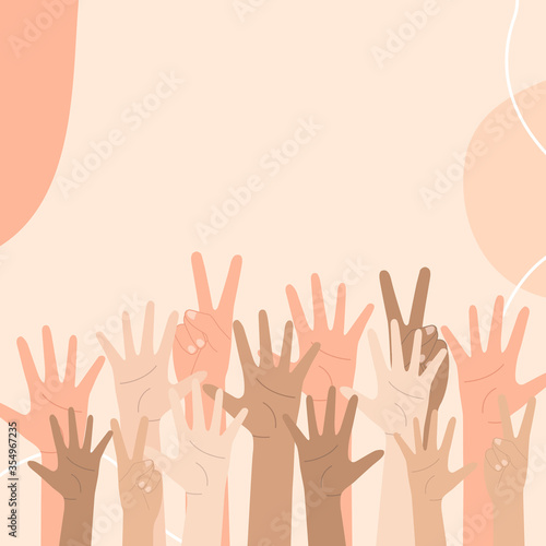 Social diversity concept, Hands up, People raising hands in the air, Hands Diverse Diversity Ethnic Ethnicity Variation, International Human Rights awareness month illustration for global equality and