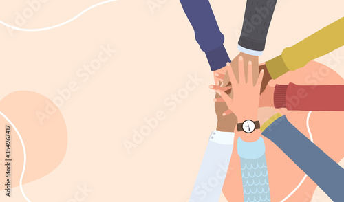 Diverse team putting their hands together, Young people putting their hands together. Friends with stack of hands showing unity and teamwork, top view. Vector flat illustration, Concept of cooperation