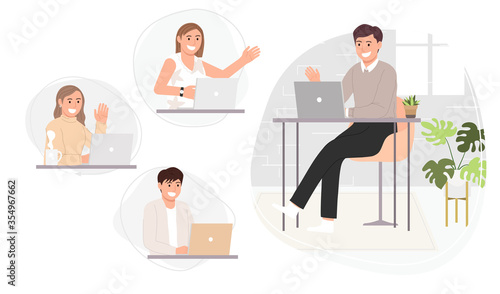 Flat style vector illustration of people working online, meeting conference at home or anywhere. Coronavirus quarantine, Social-distance.