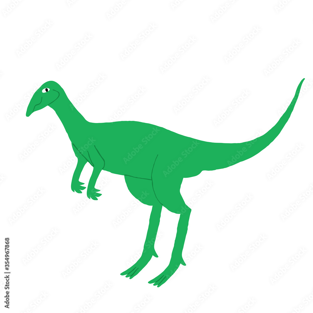 Cute Hypsilophodon isolated on white background. Green Herbivorous dinosaur. Extinct reptile. Jurassic creature. Flat style drawing. Funny design for print, shirt. Fun stock vector illustration.