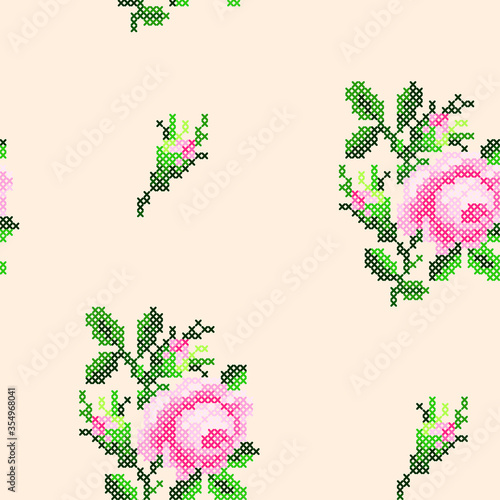 seamless pattern with cross stitch roses