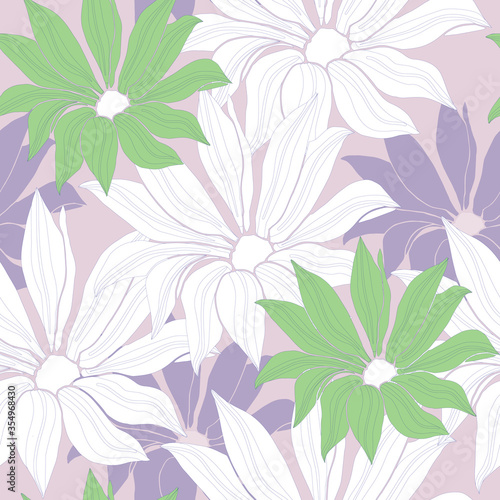 Gentle floral seamless pattern in pastel colors. Large white flowers  daisies  gerberas on a lilac background.