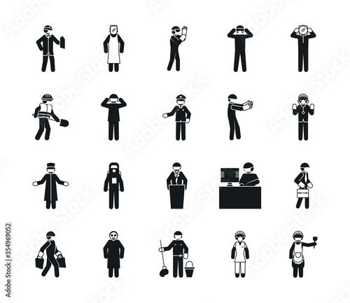 pictogram construction worker and essential workers icon set, silhouette style