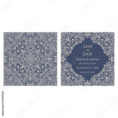 Wedding Invitation and save the date card Eastern style. Arabic  Pattern. Mandala ornament. Frame with flowers elements. Vector illustration.