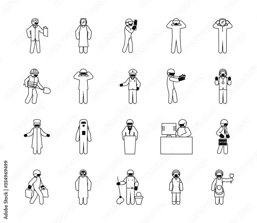 pictogram construction worker and essential workers icon set, line style pictogram construction worker and essential workers icon set, line style