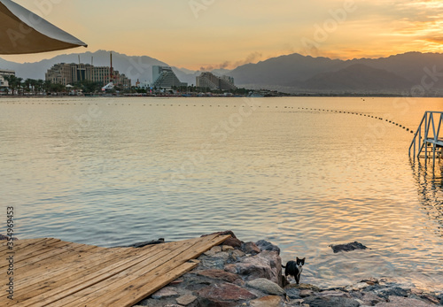 Morning at the Red Sea, central beach of Eilat - famous tourist resort and re...