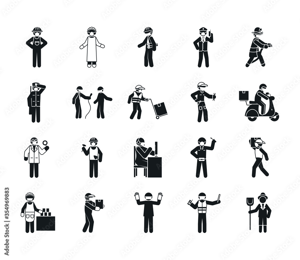 pictogram fireman and essential workers icon set, silhouette style pictogram fireman and essential workers icon set, silhouette style