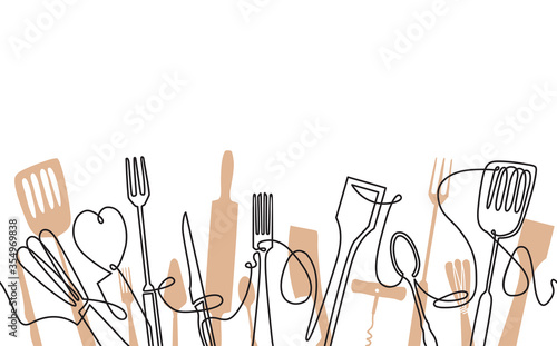 Cooking Seamless Pattern. Outline Cutlery Background. One Line Drawing of Isolated Kitchen Utensils. Cooking Design Poster. Vector illustration.
