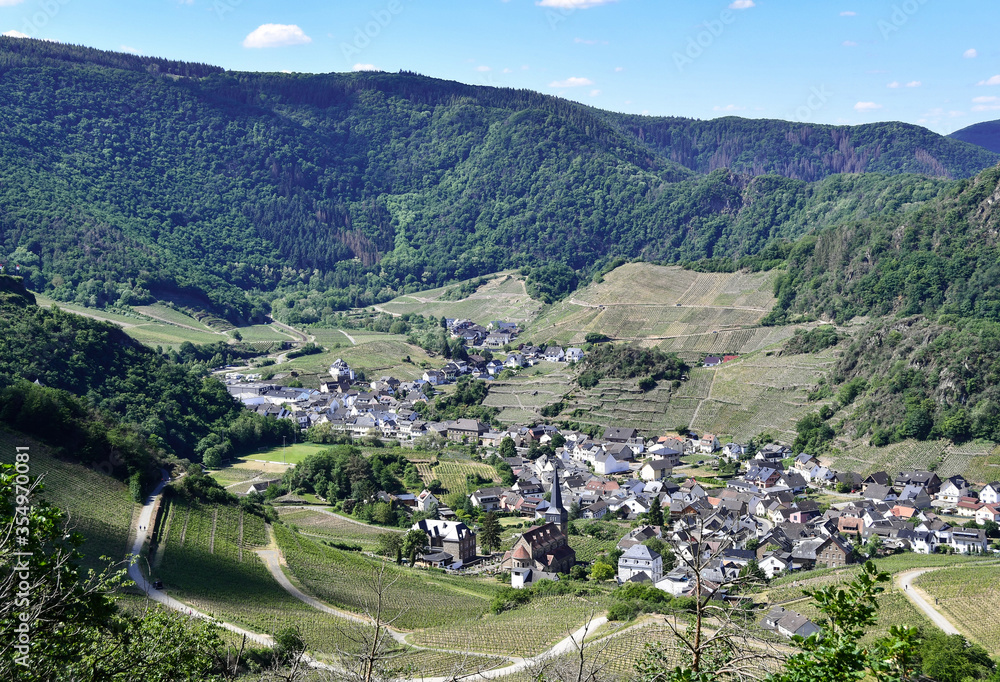 View of the beautiful wine village Mayschoß in summer