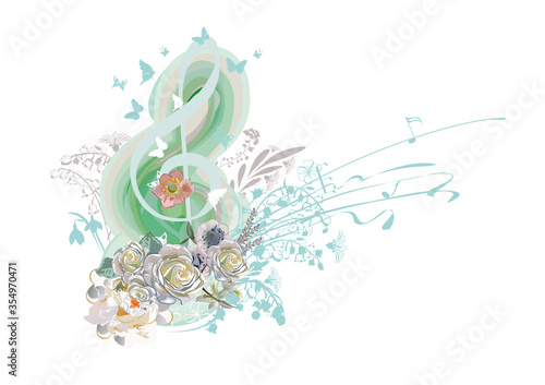 Abstract treble clef decorated with summer and spring flowers, notes. Hand drawn vector illustration.