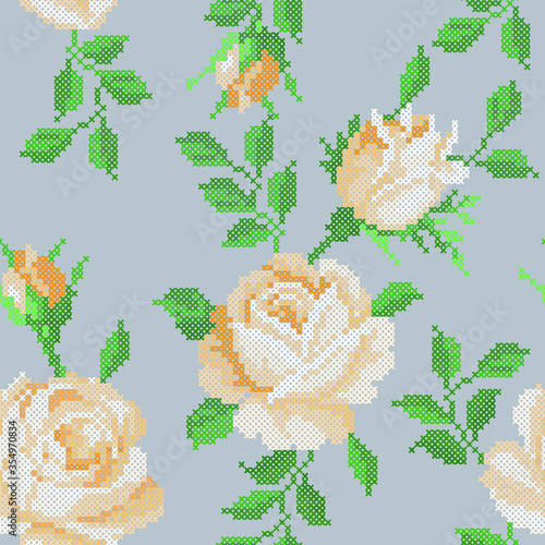 seamless pattern with cross stitch roses