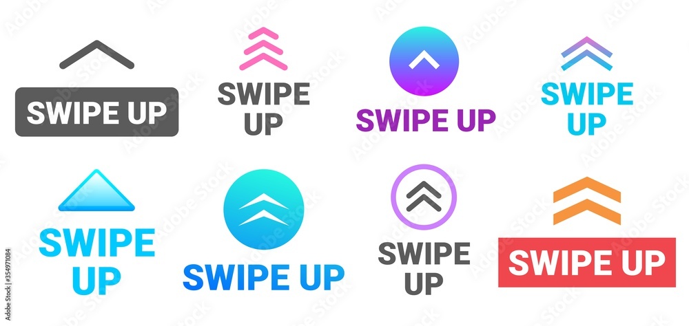 Swipe up. Social media story post button, up arrow icon and swipe action pictogram vector Illustration set. App button design, move story, drag and scroll swipe up