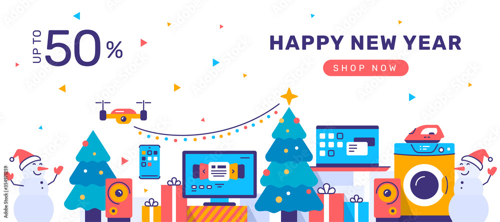 Naklejka premium Vector winter illustration of set of household appliances on white background with christmas tree and happy snowman. Sale of home domestic electronic appliances.