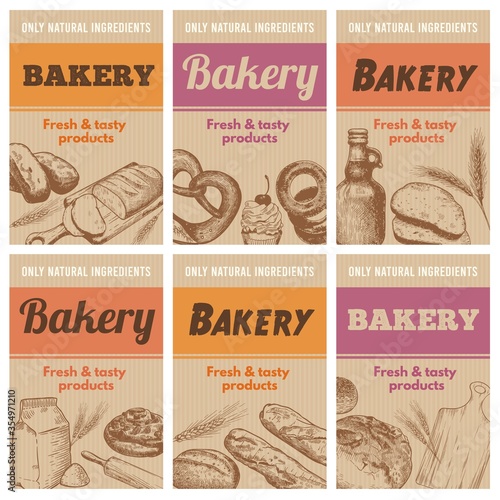 Bakery posters. Fresh bread, sketch wheat ear and tastiness natural ingredients hand drawn banner vector illustration set. Bread and bakery poster, fresh sketch loaf, organic croissant and baguette