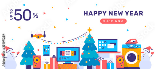 Vector winter illustration of set of household appliances on white background with christmas tree and happy snowman. Sale of home domestic electronic appliances.