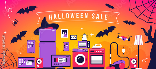 Vector holiday set of household appliances on orange background with bat and web. Halloween seasonal sale of home domestic electronic appliances.
