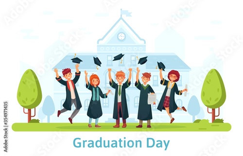 Graduation day, happy students celebration. Education certificate, celebration ceremony, school graduate, people throw hat. Vector illustration
