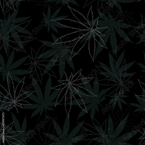 Weed Leaf Drawing, Holiday Happy Background, Marijuana Leaves Black Pattern. Cannabis Plant background. Hand Drawn style. Vector