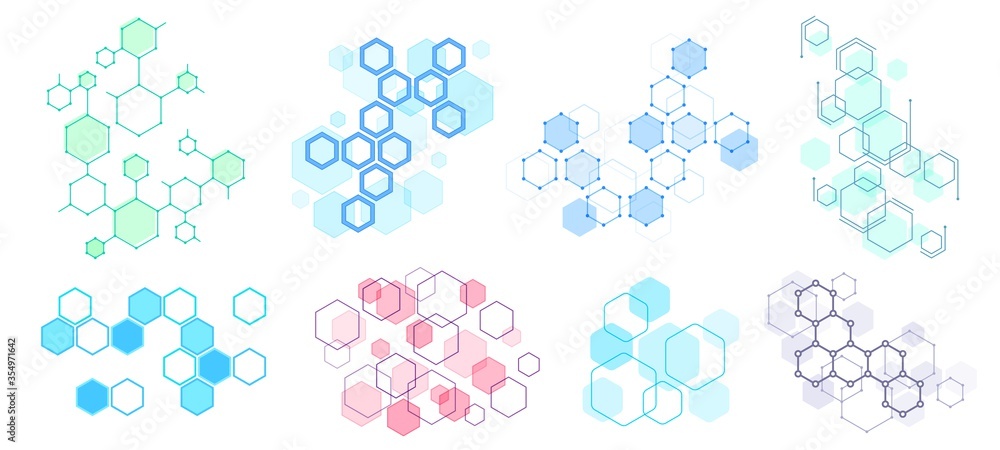Abstract hexagonal structure. Futuristic composition, geometric hexagon network structures and honeycomb vector illustration set. Hexagon pattern structure, design molecular dna, polygon honeycomb