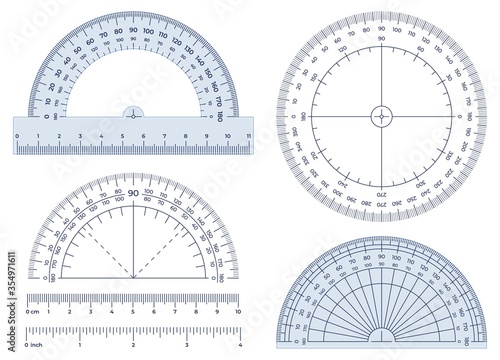 Protractor. Angles measuring tool, round 360 protractors scale and 180 degrees measure vector illustration set. Equipment protractor to angle measure, drafting chart photo