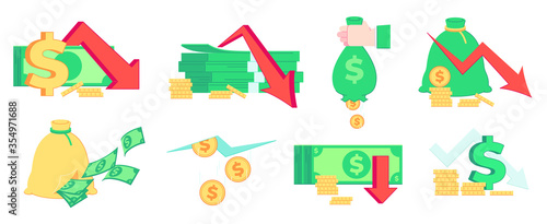 Finance crisis, money loss. Recession, bankrupt and market failure. Bad income, bankruptcy and inflation business vector illustration set. Business finance loss, crisis money and bankruptcy