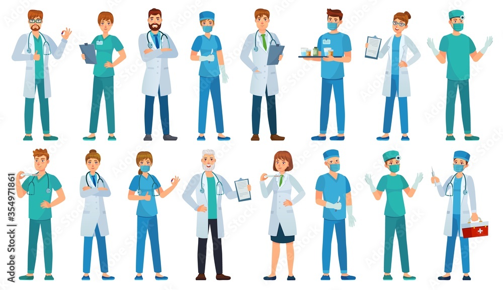 Hospital staff. Clinic workers, pharmacist, nurse in uniform and ambulance doctors characters cartoon vector illustration set. Medical staff, pharmacist and physician doctor, paramedic and chemist