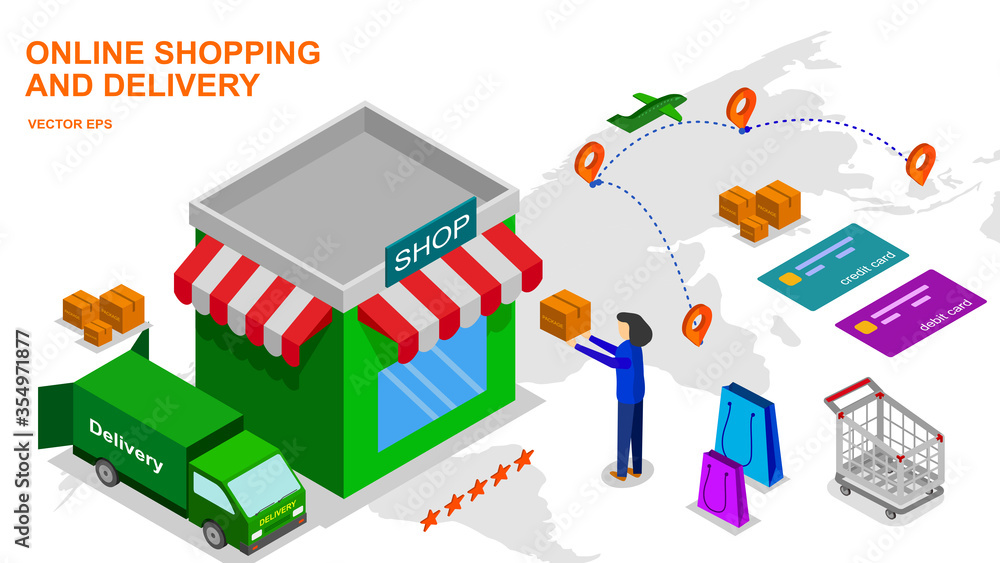 online shopping and delivery concept with shop, credit card and icon about shopping isolate on white. Panoramic copy space for text / Payment concept and global online freight online shopping and delivery concept with shop, credit card and icon about shopping isolate on white. Panoramic copy space for text / Payment concept and global online freight