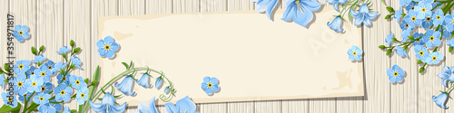 Vector banner with blue forget-me-not and bluebell flowers on a wooden background.