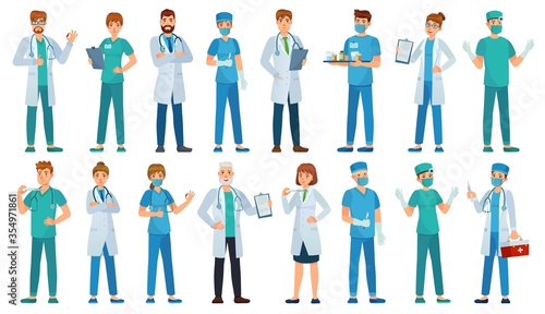 Hospital staff. Clinic workers, pharmacist, nurse in uniform and ambulance doctors characters cartoon vector illustration set. Medical staff, pharmacist and physician doctor, paramedic and chemist