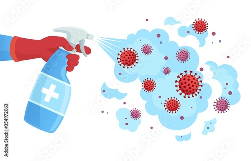 Covid 19 disinfection. Sanitizer spray, sprayed disinfectant kill bacteria and virus. Coronavirus protection concept vector illustration. Disinfectant bacteria, covid-19 virus, protection disinfection