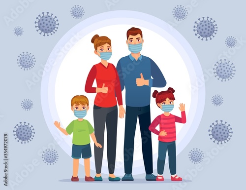 Family wearing Coronavirus protection masks. Face mask for kids, protect child from flu and nCov virus. Healthy family on quarantine for prevent Covid-19 vector illustration. Family in protect mask