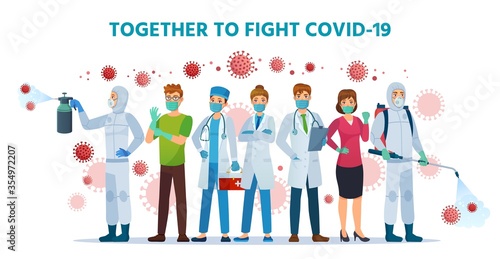 Together to fight Covid-19. Healthcare collaboration, fights coronavirus. Doctors, nurses and people wearing safety face mask and sanitizer spray vector illustration. Medical team, teamwork protection
