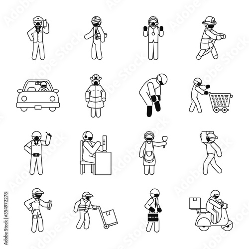 delivery man and essential workers icon set, line style